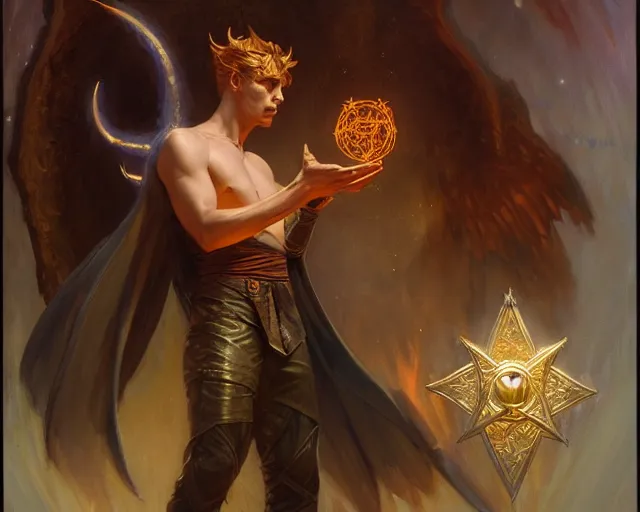 Image similar to attractive male deity, casting demonic magic, summoning handsome lucifer morning star. highly detailed painting by gaston bussiere, craig mullins, j. c. leyendecker 8 k