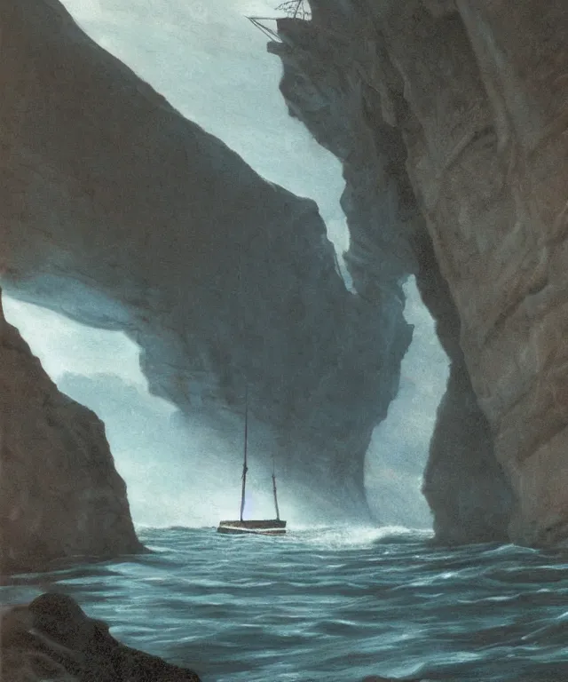 Image similar to photorealistic painting of a 1 9 2 5 seiner sailing near a short tropical cliff with the mouth of a sea cave at the waterline, dark, brooding, atmospheric, lovecraft, horror, smooth, epic, highly detailed, cinematic, by robert bateman