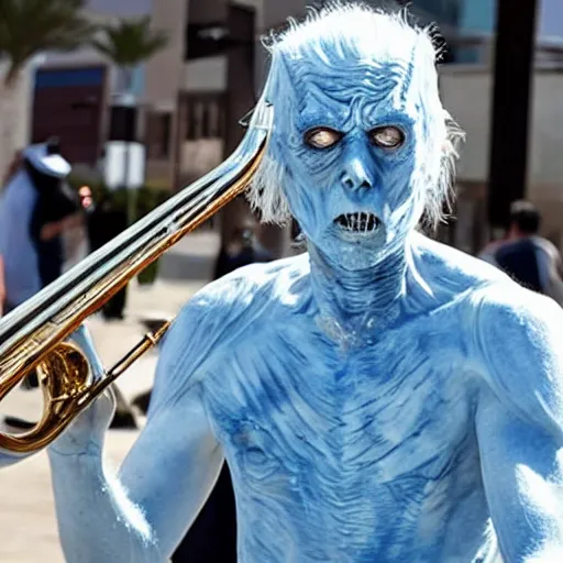 Prompt: a white walker playing a trombone in dubai