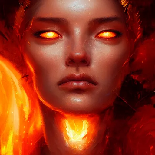 Image similar to a beautiful portrait of a fire goddess with closed eyes by greg rutkowski and raymond swanland, trending on artstation, flaming background, ultra realistic digital art