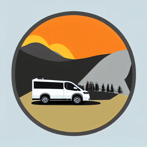 Image similar to very very very minimal vector graphic of a white and black thor chateau motorhome, color highway, mountains and sunset!!, all enclosed in a circle, white background, dramatic, professional minimal graphic design cartoon, award winning