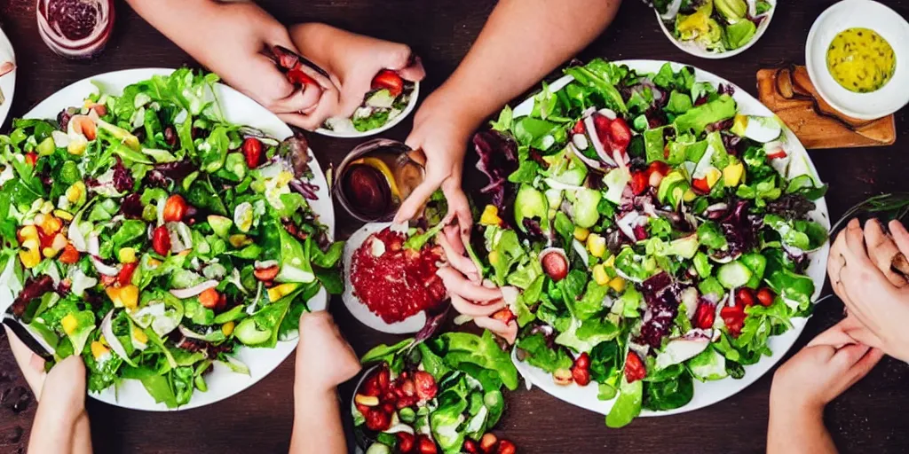 Prompt: huge fat people eating salad