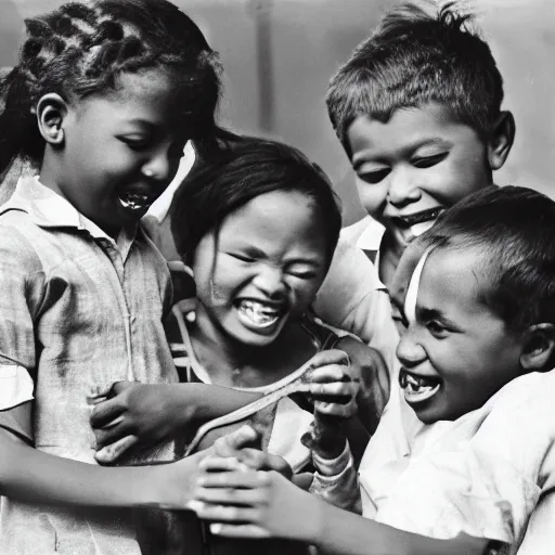 Image similar to A group of children laughing while performing open heart surgery, photograph