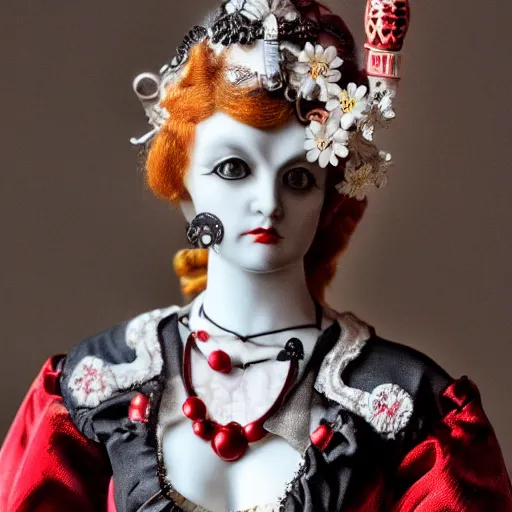 Prompt: red gothic cyborg victorian bizzare porcelain woman with artnouveau garment and ornaments sharp focus 8 k