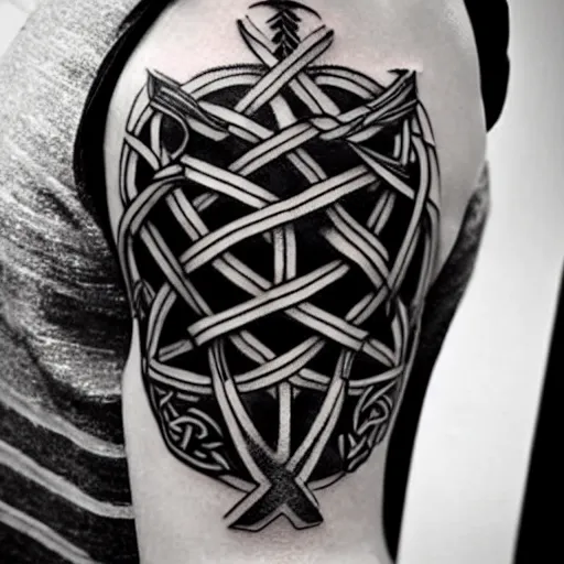 Image similar to tattoo on the shoulder, nordic and celtic, viking with sword and shield in the middle of knotwork, celtic knot band with a viking warrior centerpiece, viking holds a shield frontward and a sword over his head, dark green black ink tattoo