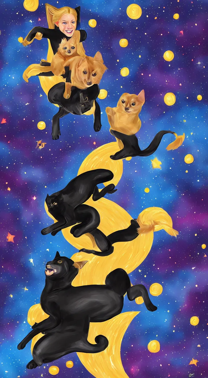 Image similar to black cat riding blond chiweenie through space, detailed, digital painting