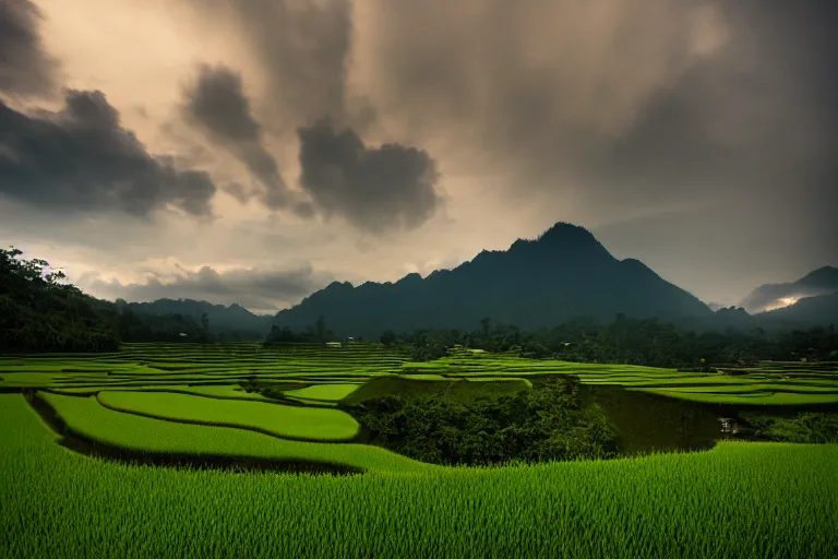 Image similar to a beautiful landscape photography of Gunung Jerai, Yan, Malaysia with a paddy field, dramatic sky, 500px, award winning, moody