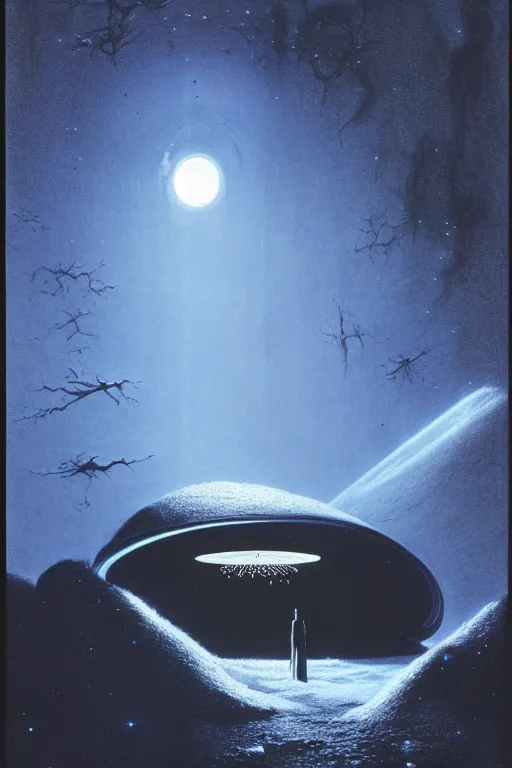 Image similar to otherworldly atmosphere of emissary space by arthur haas and bruce pennington and john schoenherr, cinematic matte painting buildings by zaha hadid and james turrell in the mountains with falling snow