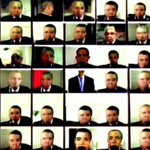 Image similar to CCTV footage of an entire room filled with 50 Barack Obama's staring at the camera, creepy, nightvision, screencapture