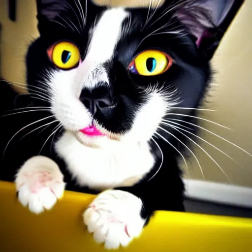 Prompt: tuxedo cat, white cheeks, white paws, yellow eyes, playful, young, catch fly, h 6 4 0