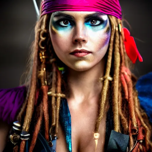 Prompt: a Swashbuckling pirate female with iridescent skin, bokeh, 8k