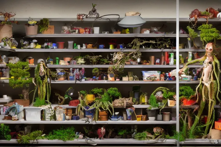 Prompt: garage with carnivorous plants on the shelves and packing peanuts on the floor, scene from tv show hyper detailed 5 5 mm 8 5 mm, low - light photography by tyler mitchell, made out of plastic