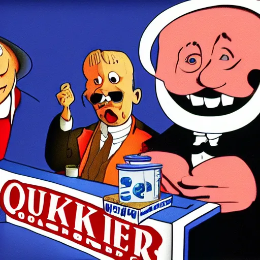 Prompt: the kool aid man debates with the quaker oats man on cnn, photographic, high definition