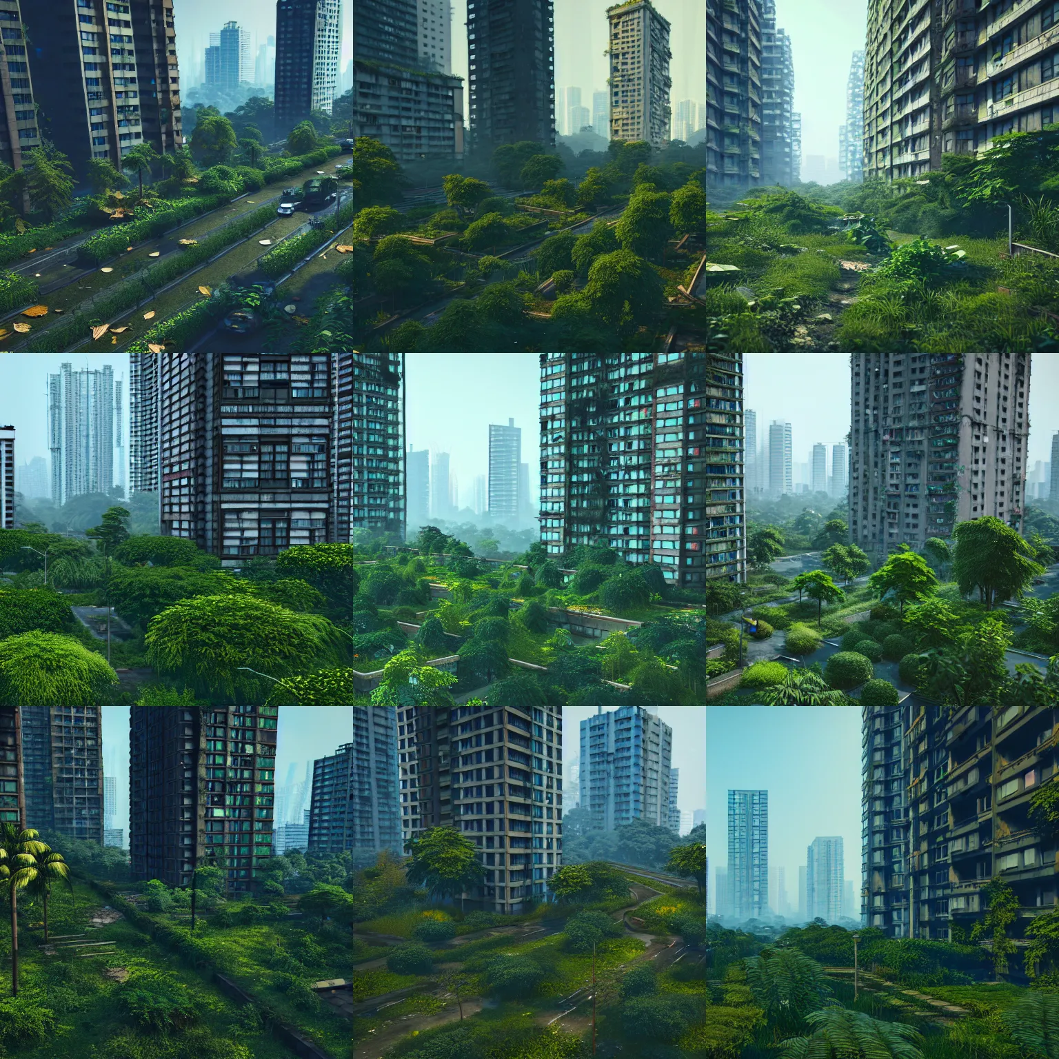 Prompt: an overgrown abandoned east asian cityscape, large apartment blocks and decaying skyscrapers covered in leaves and plants, unreal engine, 8k, render, trending on artstation