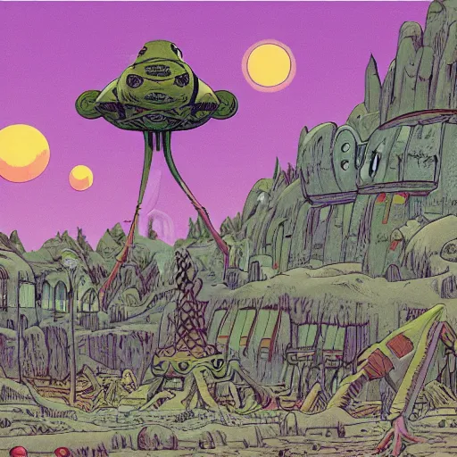 Image similar to extraterrestrial tribe village on ancient post - apocalyptic planet, jim henson creature shop, fantastic planet, illustration