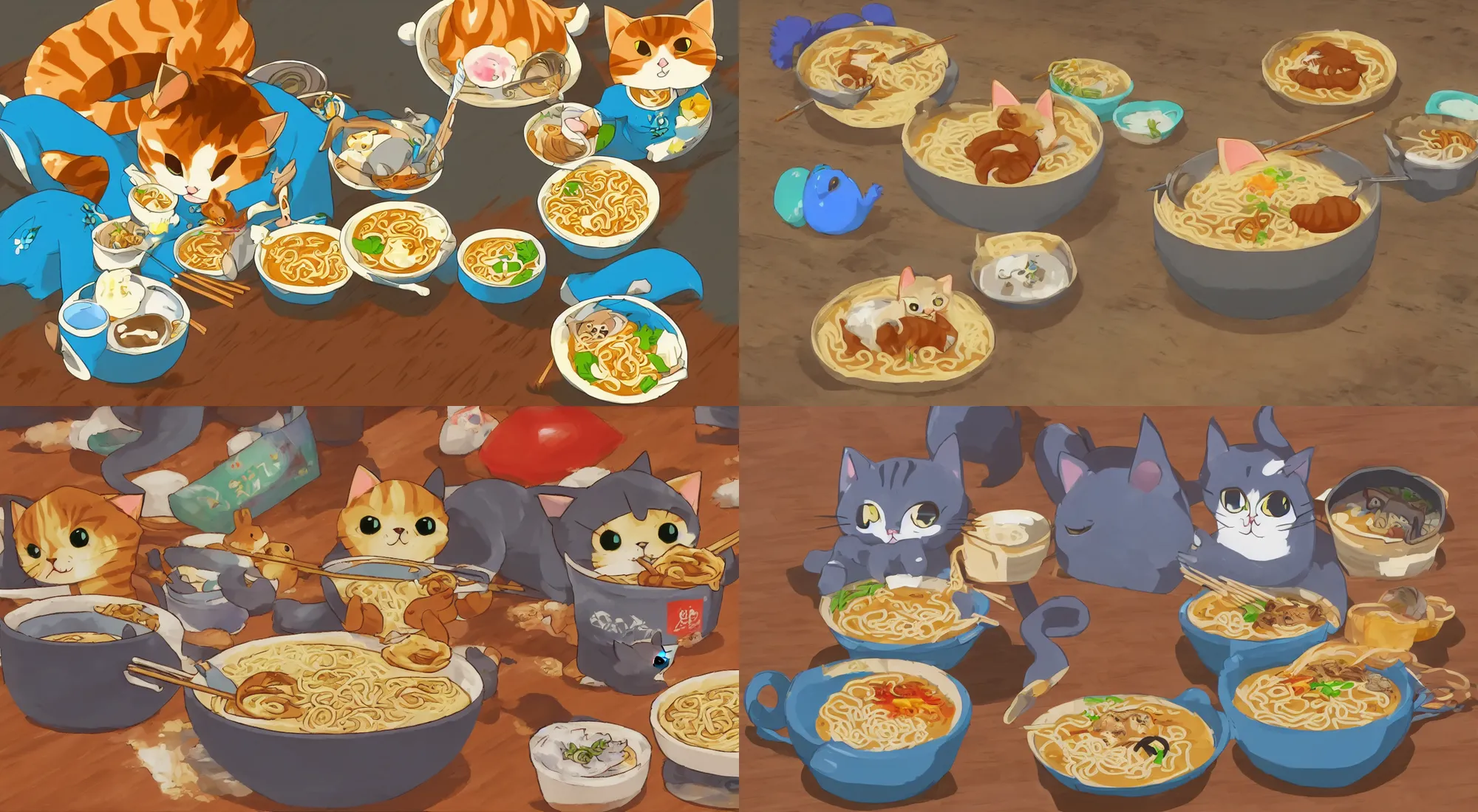 Prompt: Cute kawaii cat eating a bowl of ramen in The Legend of Zelda Breath of the Wild, toon shading, npr, no background