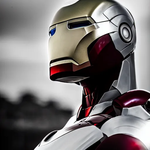 Prompt: close - up ironman in a white armor, shallow depth of field, moody lighting, 8 k,