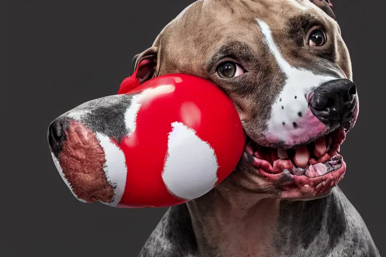 Image similar to a snarling pit bull wearing a clown mask and a red rubber nose, 4 k, hdr color