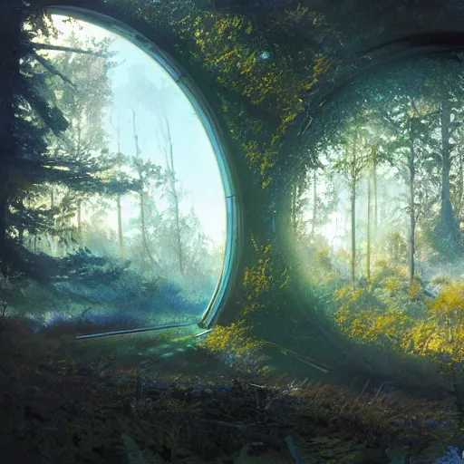 Image similar to derelict portal in a middle of a futuristic forest, world seen only through a portal, daylight, cinematic lighting, blue sky, syd mead, john harris