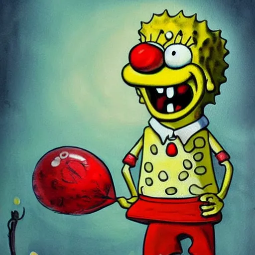 Image similar to grunge painting of spongebob with a wide smile and a red balloon by chris leib, loony toons style, pennywise style, corpse bride style, horror theme, detailed, elegant, intricate