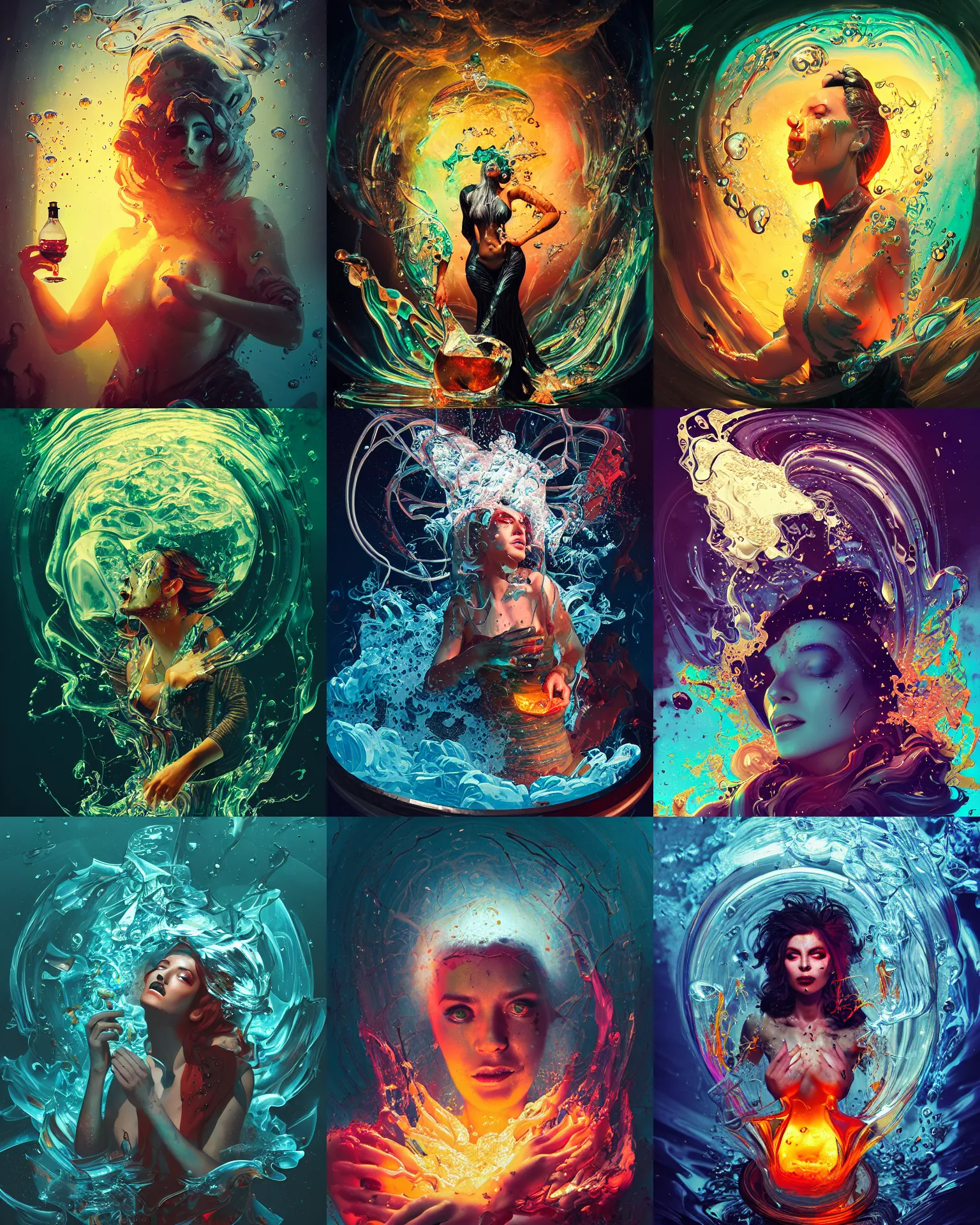 Prompt: molten priestess in a chaotic storm of liquid smoke, by petros afshar, sabbas apterus, brian sum, ross tran, tom whalen, shattered glass, bubbly underwater scenery, radiant light