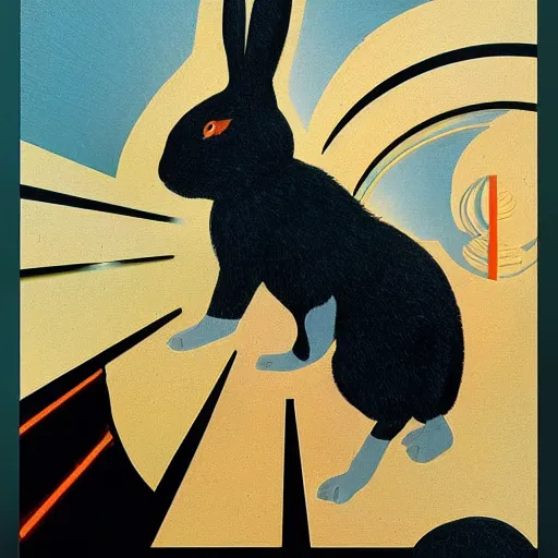 Prompt: A rabbit full of hope, looking for a black hole in an infinite time loop by Vincent Di Fate