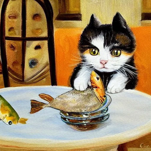 Image similar to cute painting of a cat trying to steal a fish from a plate on a dinner table