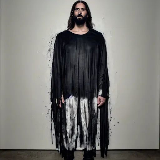 Prompt: a full body portrait of modern day jesus wearing yeezy menswear collection by nicola samori, oil painting, smudges, realistic, 8 k, yeezy collection