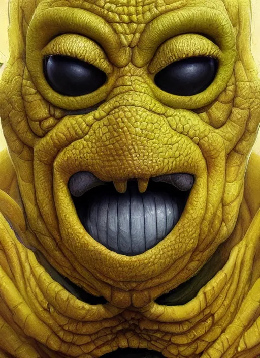 Image similar to homer simpson mf doom reptile eyes, yellow skin. intricate, elegant, highly detailed, centered, digital painting, artstation, concept art, smooth, sharp focus, illustration, artgerm, tomasz alen kopera, peter mohrbacher, donato giancola, joseph christian leyendecker, wlop, frank frazetta