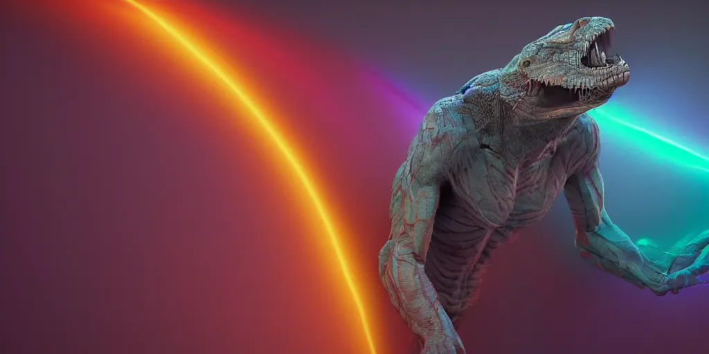 Image similar to reptilian humanoid fighting a huge banshee, with a radiant spectrum, rendered in octane, minimalism