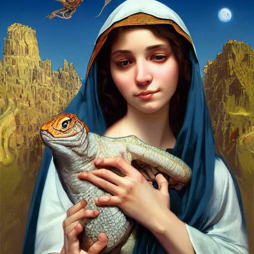 Image similar to surrealist close up illustration of the virgin mary holding a reptile, highly detailed, digital painting, concept art, smooth, sharp focus, illustration, absurd, humorous, photoshop, art by artgerm and greg rutkowski and alphonse mucha