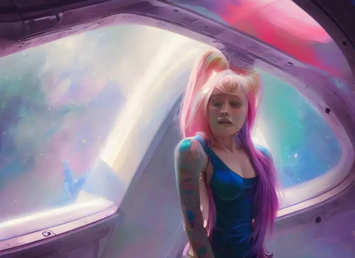 Prompt: a girl with rainbow hair standing in a spaceship, official art, by jeremy lipking, by artgerm, realistic expressive oil painting, cgsociety, anime style, detailed spaceship interior, octane render