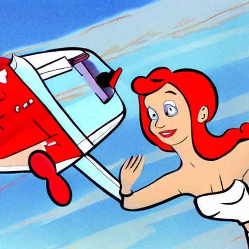 Image similar to pilot and red haired mermaid flying in a cessna airplane, style of Jetsons, cartoon,