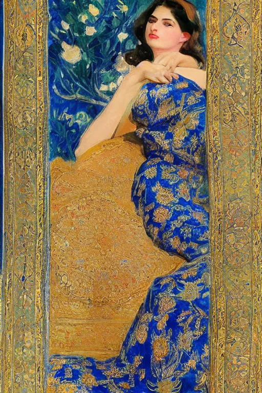 Image similar to gorgeous iranian girl waer detailed golden blue dress lay down on a detailed persian carpet a big tree palm persian pot, painting by john singer sargent