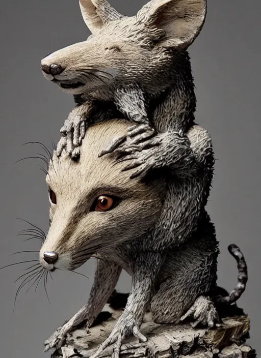 Image similar to sculpture of rat on top of a fox made of wood, portrait, female, future, wood, tree, harper's bazaar, vogue, magazine, insanely detailed and intricate, concept art, close up, ornate, luxury, elite, elegant, trending on artstation, by ruan jia, by Kenneth Willardt, by ross tran, by WLOP, by Andrei Riabovitchev,