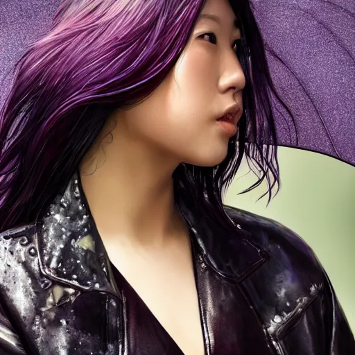 Image similar to photo of a gorgeous wet asian female with long dark purple hair in the style of stefan kostic, realistic, cyberpunk, leather jacket, aviators, nighttime, rain storm, body shot, sharp focus, 8 k high definition, insanely detailed, intricate, elegant, art by stanley lau and artgerm, floating embers