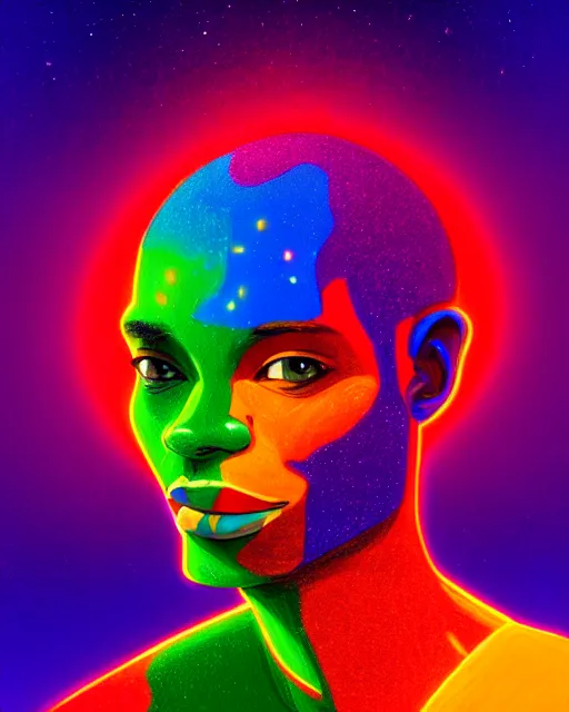 Prompt: a vibrant colorful head and shoulders portrait of the continent africa, zoom out, immersive digital art experiences, glowing lights, magic details, by moebius, edward hopper, james gilleard, and james jean, hd, 8 k, trending on artstation, uhd,