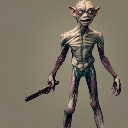 Prompt: Gollum with gun arms and legs