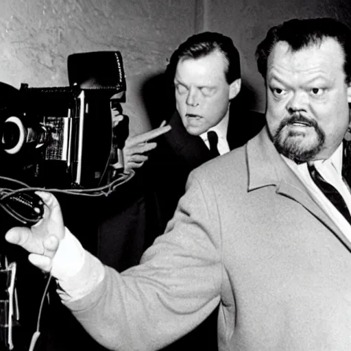 Prompt: orson welles directing a new movie with a red camera