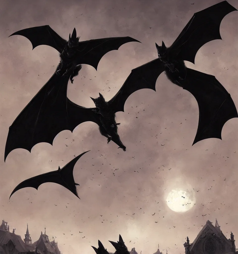 Prompt: a few large black bats flying in the night, one single full moon, cemetery, fantasy art, concept art by greg rutkowski, trending on artstation