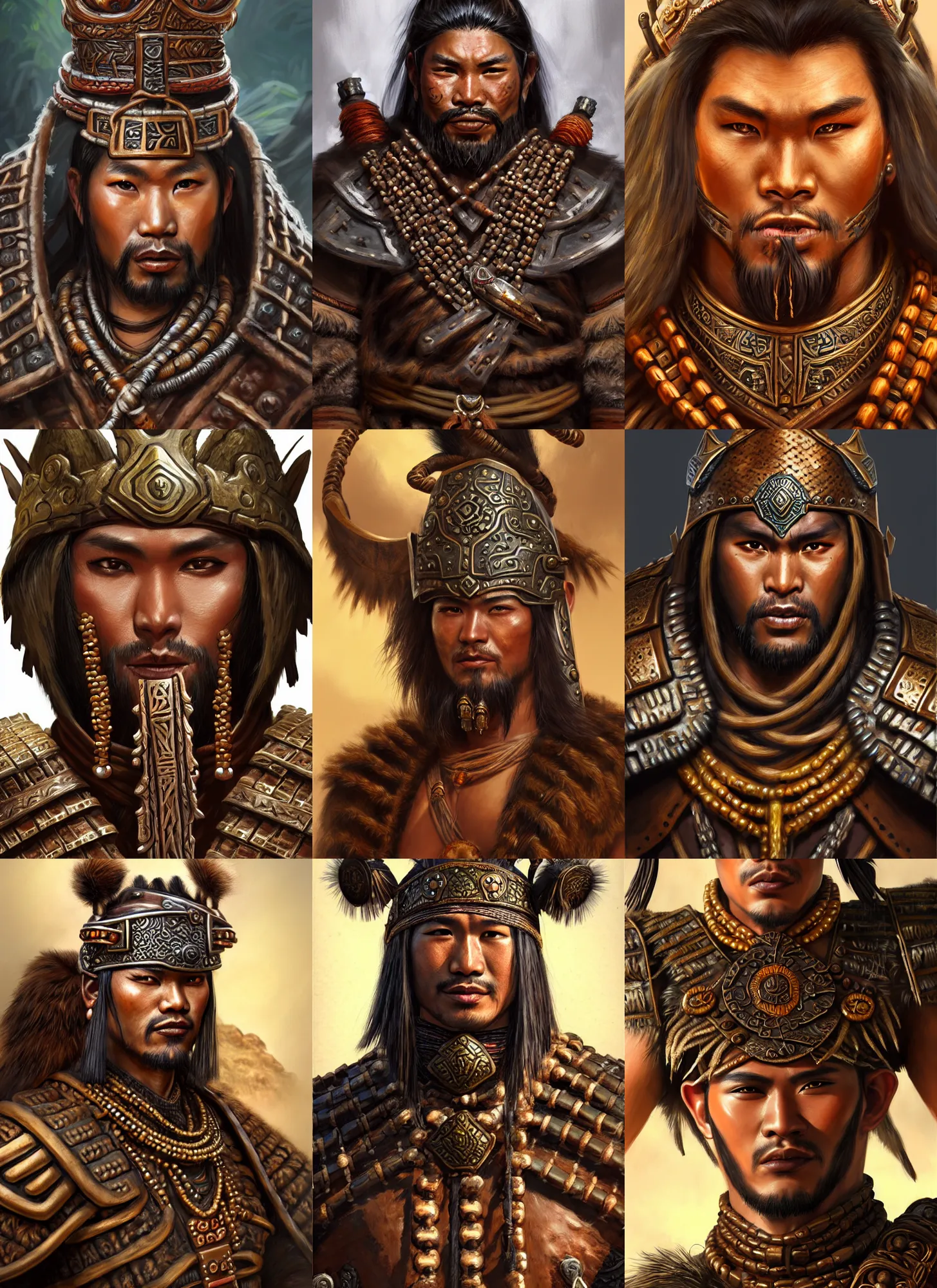 Prompt: tai warlord, closeup portrait, historical, ethnic group, traditional costume, leather armor, fantasy, intricate, with dong son bronze artifacts, beads cross onbare chest, elegant, loin cloth, highly detailed, oill painting, artstation, concept art, matte, sharp focus, illustration, hearthstone, art by earl norem