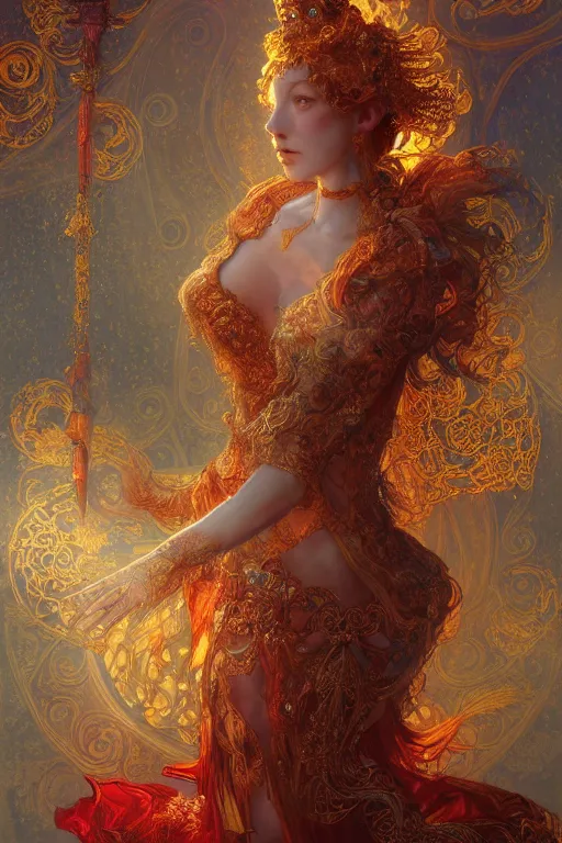 Image similar to tarot card artstation, portrait of a love dancer, sunrise, baroque ornamnet and rococo ornament, ancient chinese ornate, hyperdetailed, beautiful lighting, craig mullins, mucha, klimt, yoshitaka amano, red and gold and orange color palatte