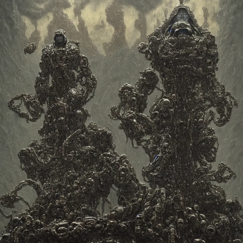 Image similar to symmetric frame of dr doom from Prometheus movie by beksinski, cyborg dr doom mecha by guo pei and alexander mcqueen metal couture editorial, eldritch epic monumental wallpaper by beksinski by Yuko Shimizu