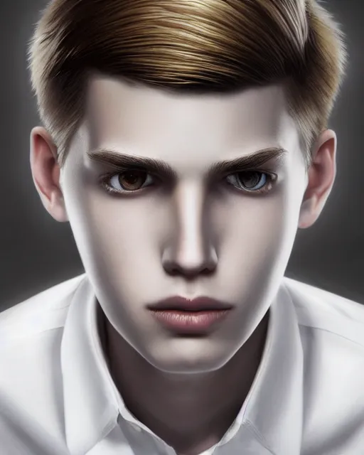 Image similar to portrait of 1 5 - year - old boy, a tall, slender boy with a pale, pointed face, sleek blond hair, and ice grey eyes, wearing in shirt, hyper realistic face, beautiful eyes, character art, art by mark brooks, hyperdetailed, cryengine, trending on artstation, digital art