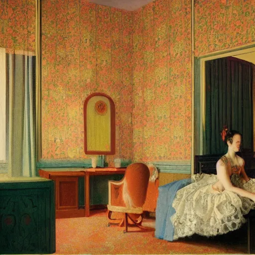 Image similar to a lonely girl in a liminal hotel room, baroque wallpaper, film still by wes anderson, depicted by balthus, limited color palette, very intricate, art nouveau, highly detailed, lights by hopper, soft pastel colors, minimalist