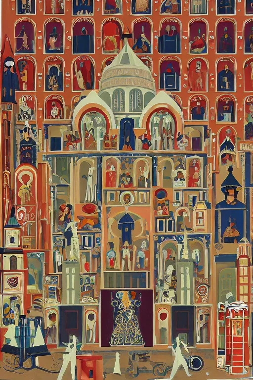 Image similar to scene from wes anderson orthodox cathedral building with mecha robots icons by helen lundeberg