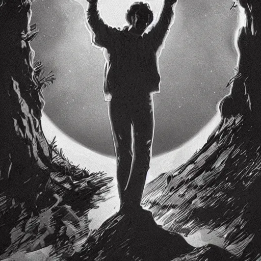 Image similar to the image of ted bundy with outstretched arms between the moon and the sun and a thousand stars ultra realistic, concept art, intricate details, serious, highly detailed, photorealistic, octane render, 8 k, unreal engine, art by todd mcfarlane and artgerm and greg rutkowski and alphonse mucha