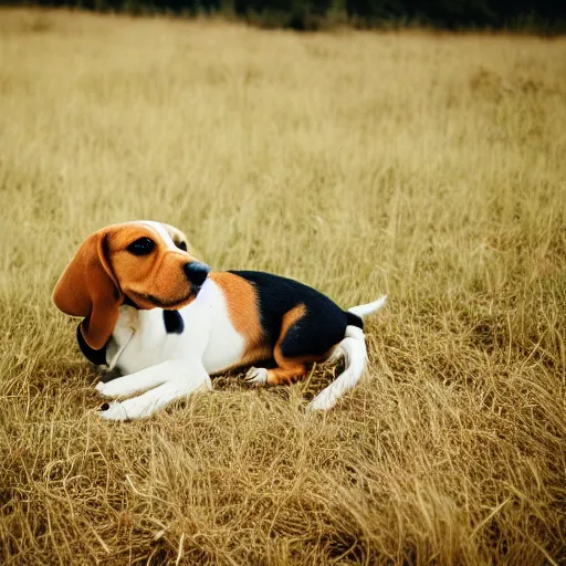 Image similar to depressed beagle in a field, movie still, photography, DSLR 35mm, low light photography, sadness