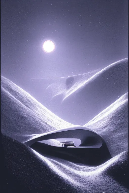 Prompt: emissary space by arthur haas and bruce pennington and john schoenherr, photo realism, cinematic matte painting, zaha hadid building in the mountains with falling snow, monochrome color palate, pink sunset,