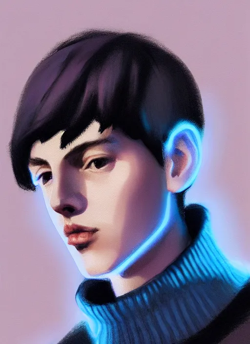 Image similar to portrait of teenage jughead jones wearing a light grey crown, crown, blue turtleneck, closed eyes, photorealistic, black hair, glowing lighting, intricate, elegant, glowing lights, highly detailed, digital painting, artstation, concept art, smooth, sharp focus, illustration, art by wlop, mars ravelo and greg rutkowski